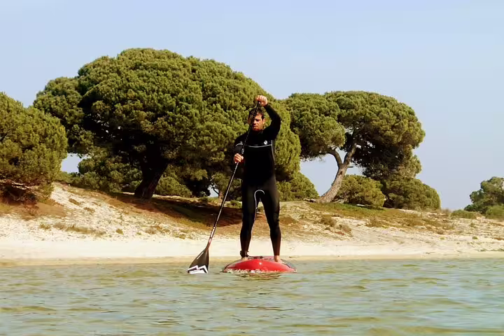 Person paddleboarding on calm waters near scenic Lisbon shoreline, surrounded by lush trees under clear blue skies.