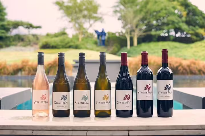 Assorted Steenberg wine bottles displayed outdoors in Cape Town's lush Constantia wine country.