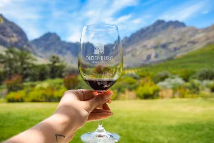 Hand holding wine glass with Oldenburg Vineyards logo against Stellenbosch mountain backdrop on a sunny day.