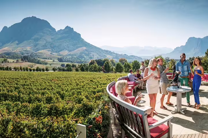 Tourists relaxing with drinks on a terrace overlooking vineyards and mountains in Stellenbosch, Cape Winelands tour.