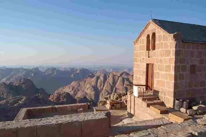 Stone chapel at Mount Sinai summit viewpoint on Mount Sinai climb and St Catherine tour from Sharm El Sheikh