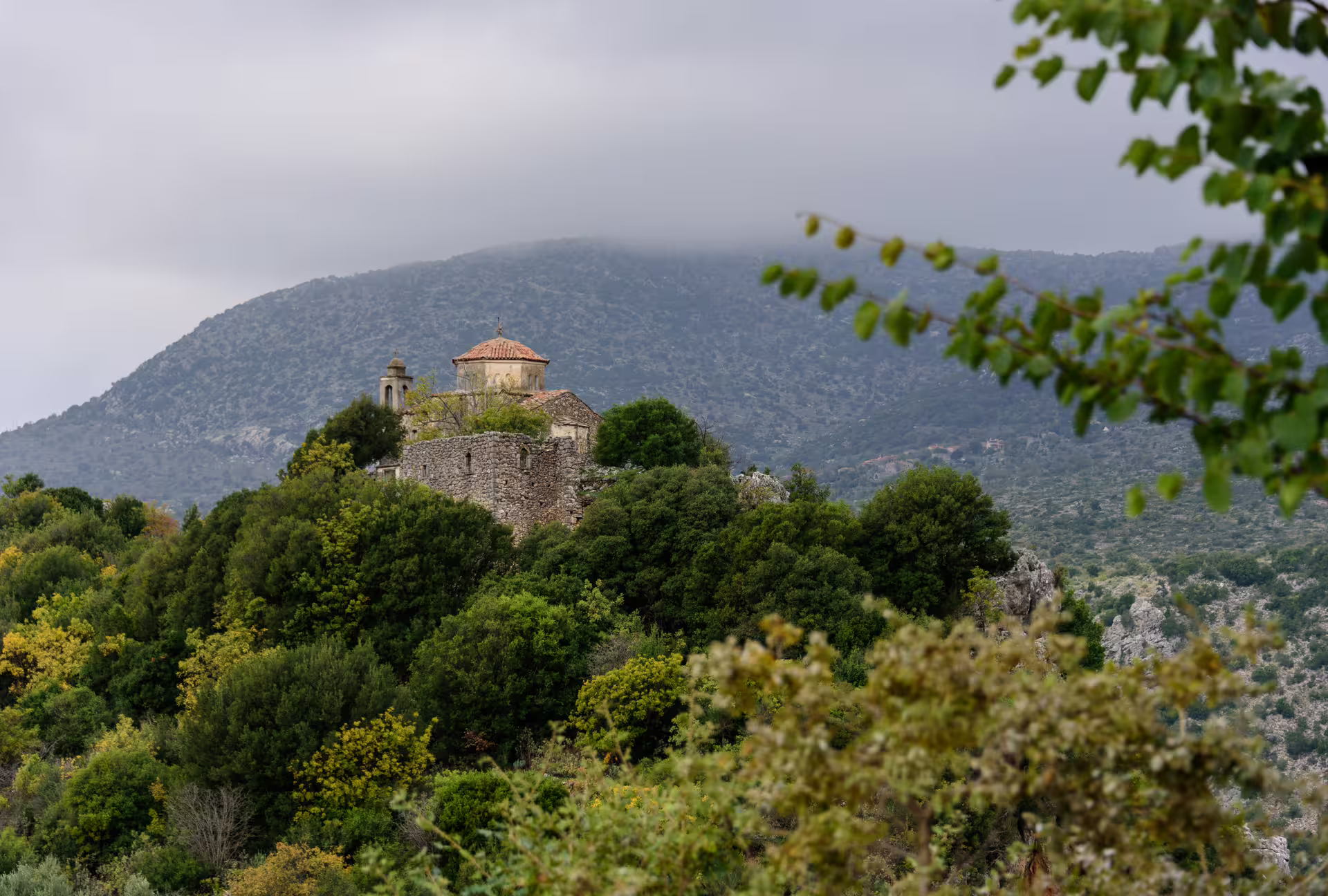 Hilltop stone chapel above Ridomo Gorge near Taygetos Mountains, a scenic viewpoint on the Mani hiking tour