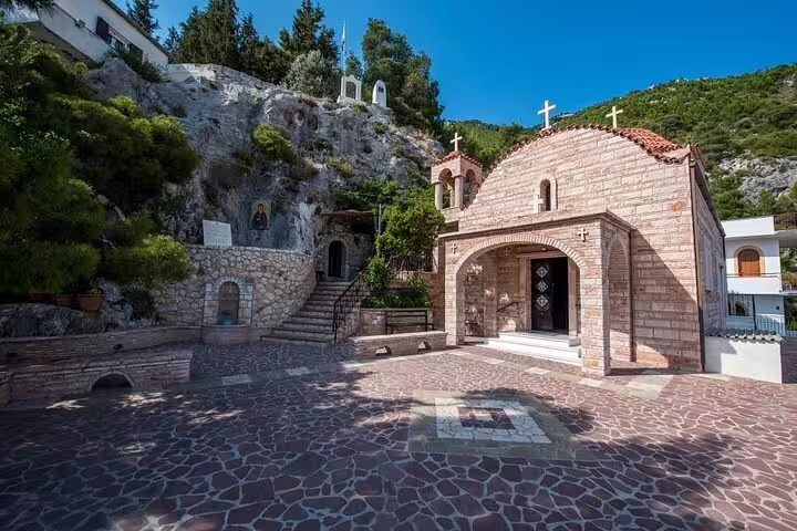 Stone monastery courtyard in Peloponnese Greece, scenic stop on a 2-day tour to top places of Peloponnese