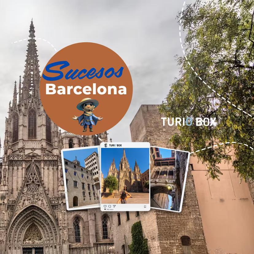 Sucesos Locales + Catedral Barcelona tour graphic with cathedral backdrop and local highlights collage