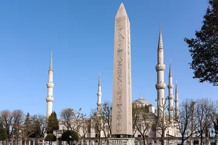 Sultanahmet Obelisk and Blue Mosque minarets on a private Istanbul tour of historic Old City landmarks