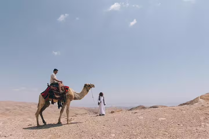 Camel ride adventure in Qatar's vast desert landscape during a sunrise safari tour.