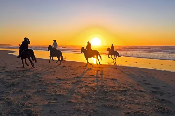 Group of riders on horseback at sunrise along Marsa Alam beach, Red Sea, on 3-hour desert and sea ride