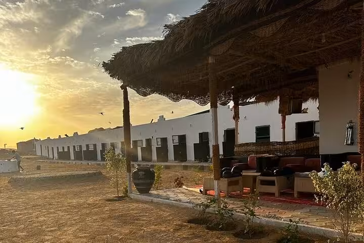 Sunrise at Marsa Alam desert horse stable with shaded lounge, meeting point for beach and desert ride