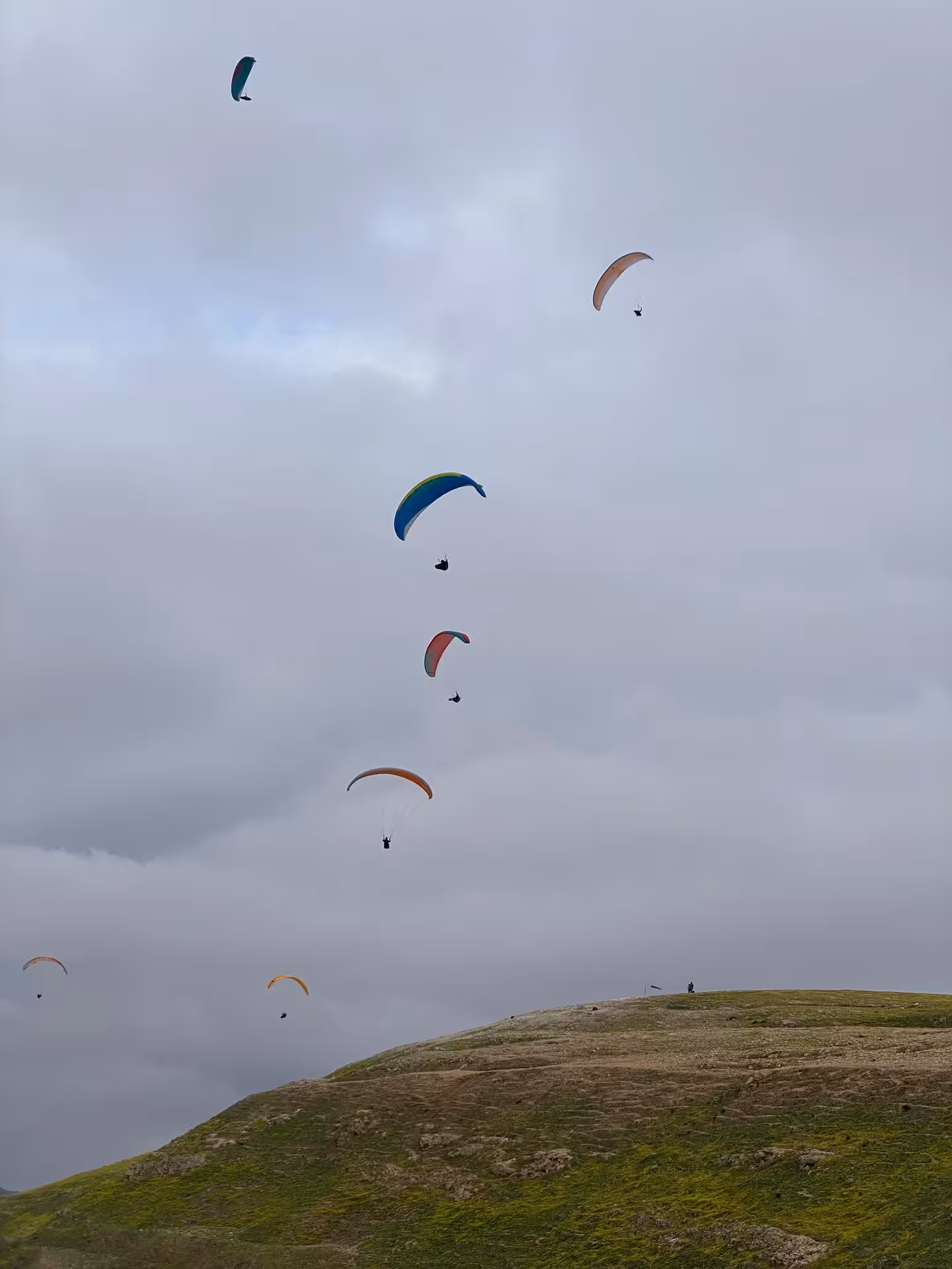 Multiple paragliders soaring above the Agafay Desert landscape near Marrakech under a cloudy sky.