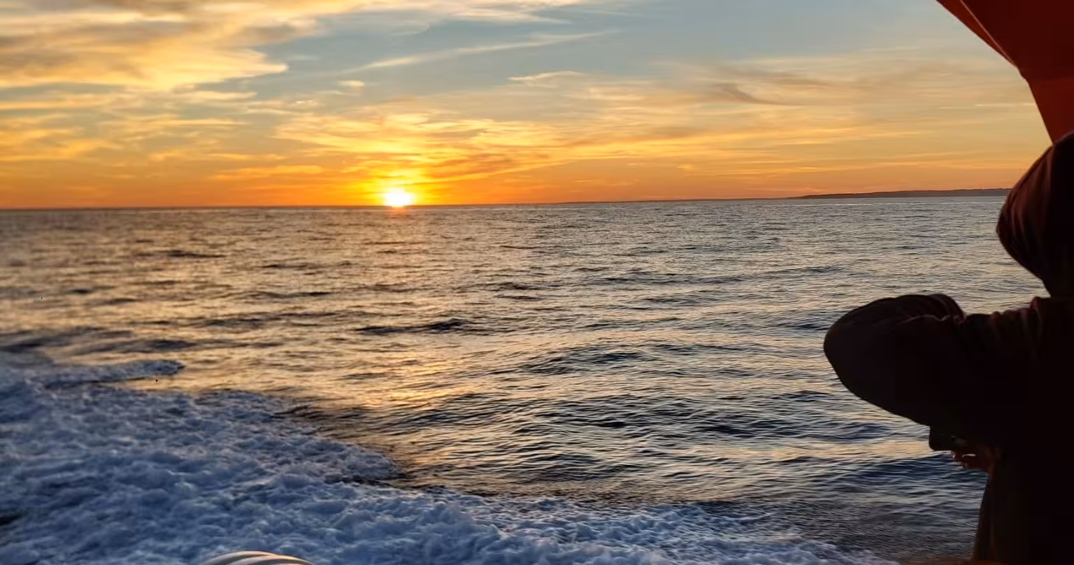 Traveler enjoying golden Atlantic Ocean sunset from boat, capturing photos on a relaxing Portugal evening cruise tour
