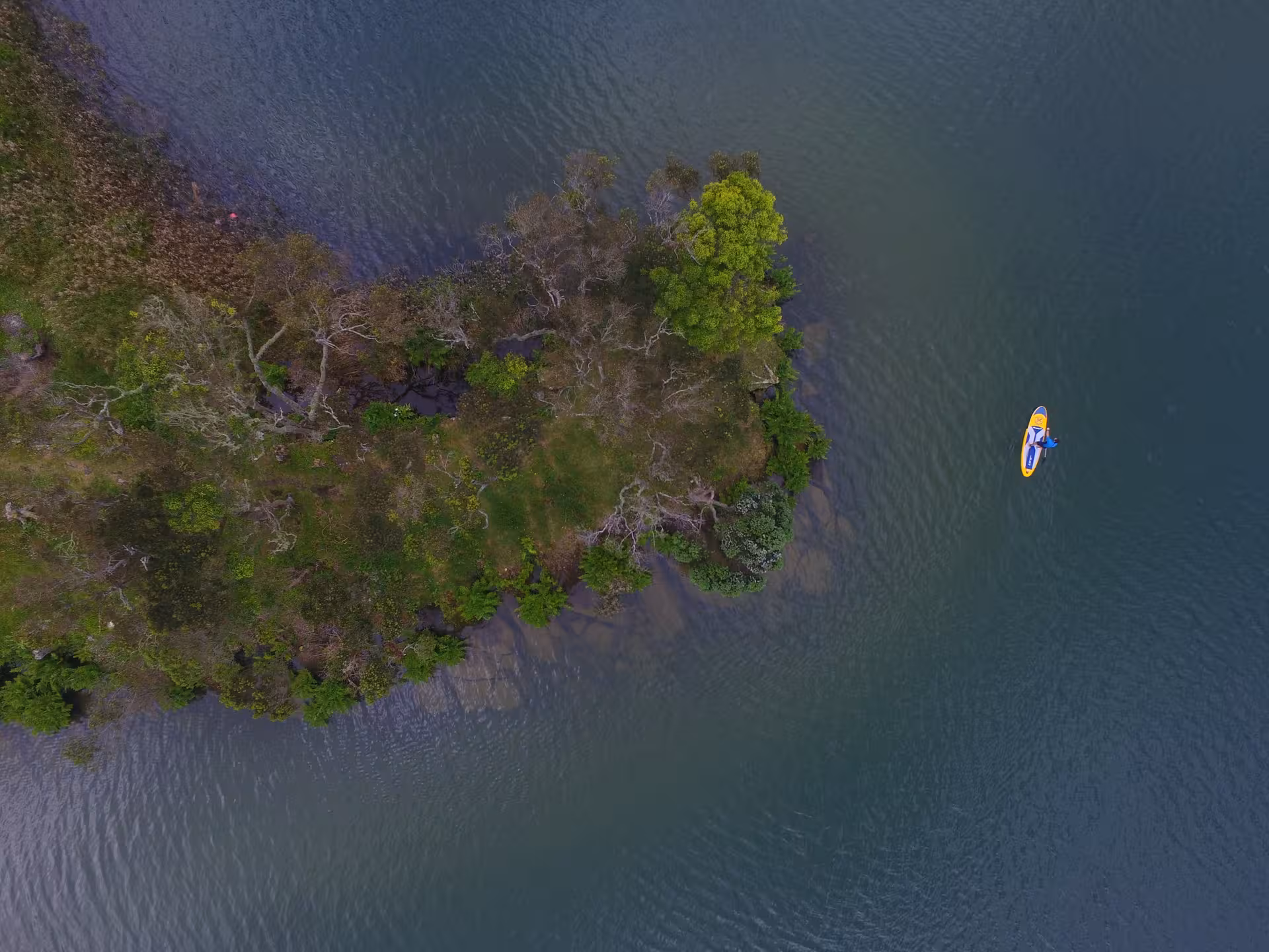 A lone paddler enjoys a serene SUP experience along a lush green island shoreline on calm blue lake water.