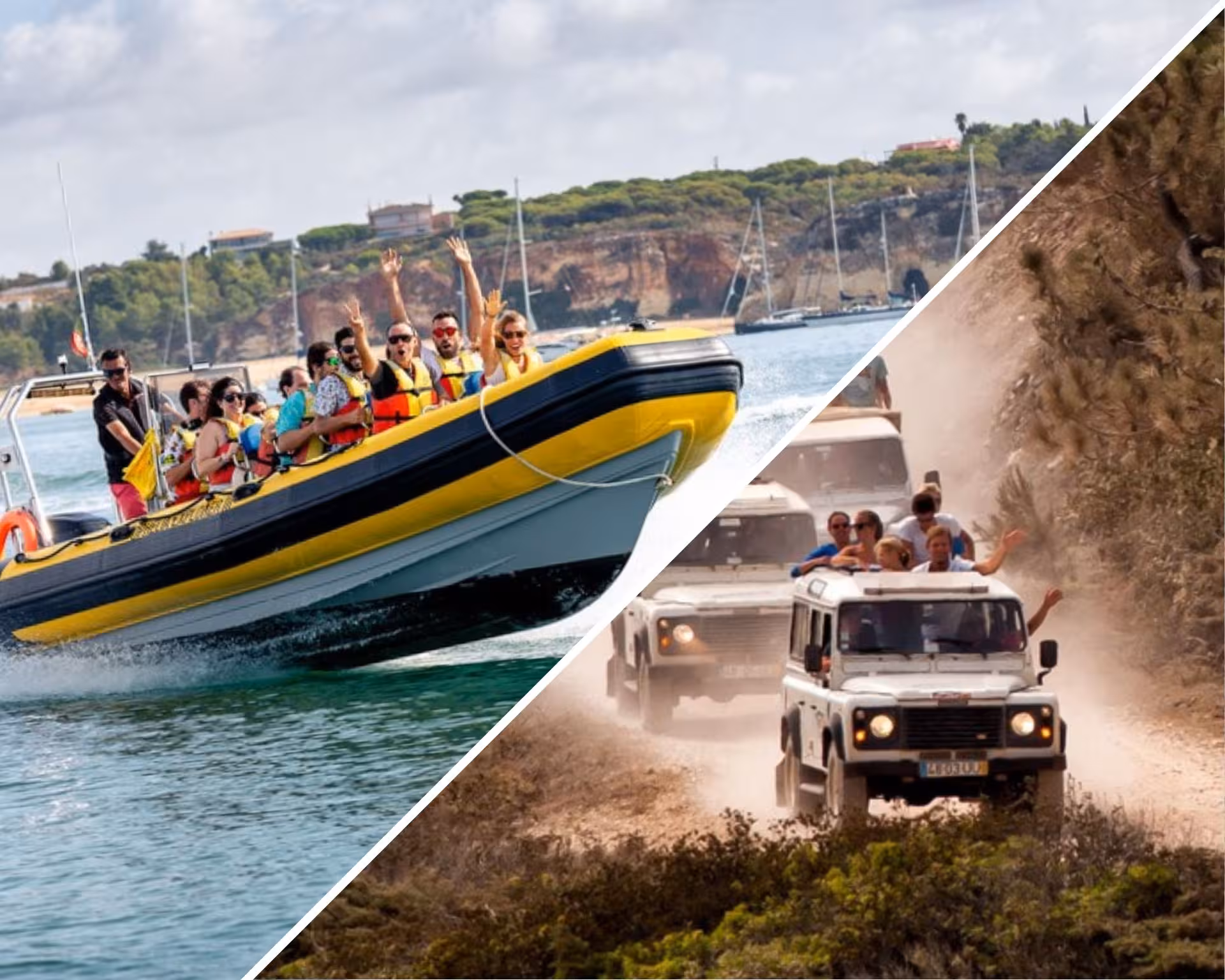 Super Dia combo tour featuring high-speed Algarve boat ride and dusty 4x4 jeep safari through coastal countryside