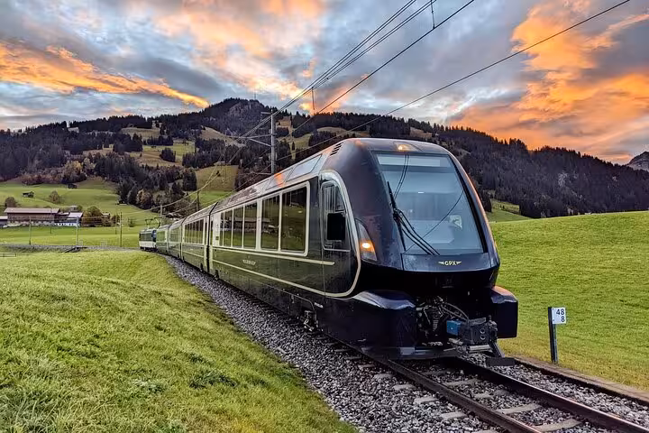 Modern Swiss train traversing lush green hills at sunset on the Hard Core Tour for train enthusiasts.