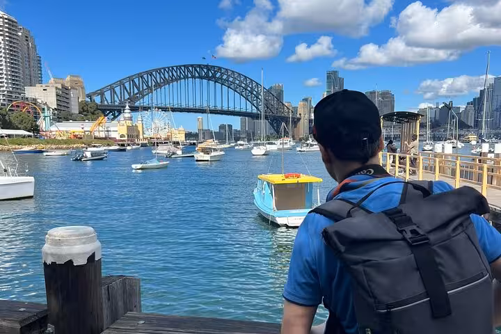 Join a walking tour in Sydney featuring scenic views of the Harbour Bridge and boats on a sunny waterfront.