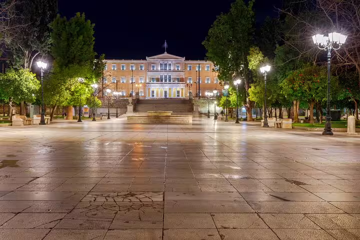 Illuminated Syntagma Square and Hellenic Parliament at night, Athens city highlights on private half-day tour
