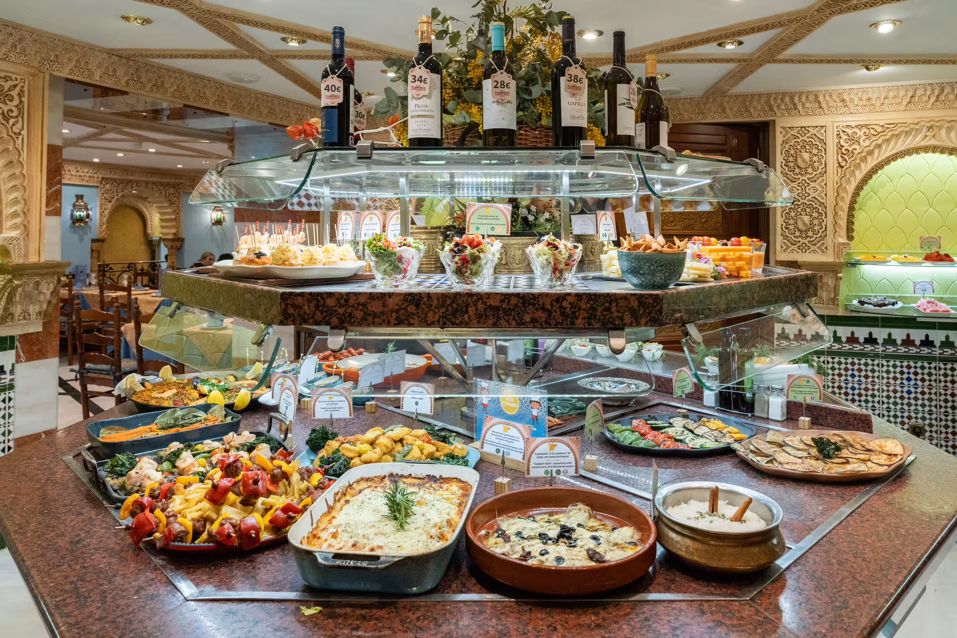 Delicious tapas and wine selection at Tablao Cordobes buffet in Barcelona, highlighting Spanish culinary delights.