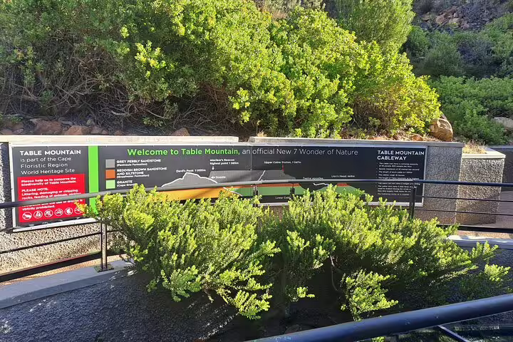 Informative display board welcoming visitors to Table Mountain, a New 7 Wonder of Nature, surrounded by lush greenery.