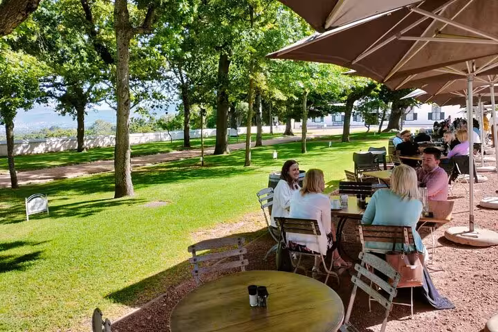 Visitors enjoying outdoor dining under trees at a vineyard near Table Mountain and Chapmans Peak.
