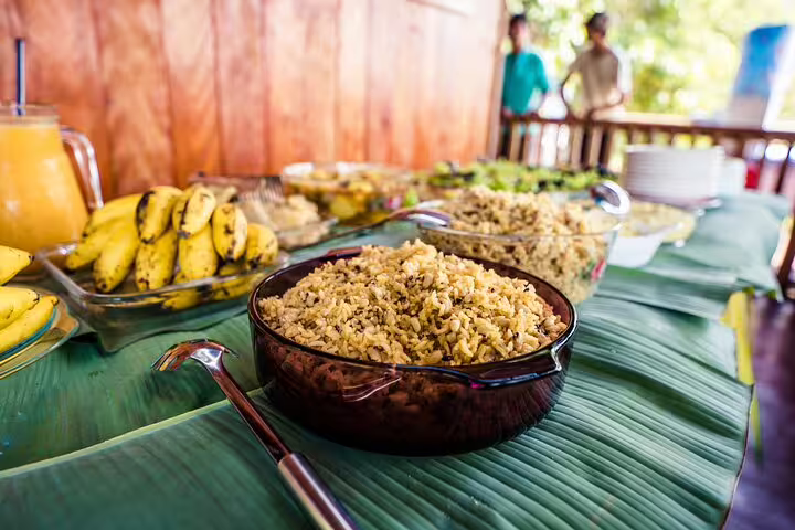 Close-up of a delicious rice dish and bananas on a buffet table at Tapiri Rio Negro Lodge, showcasing Amazonian culinary delights.