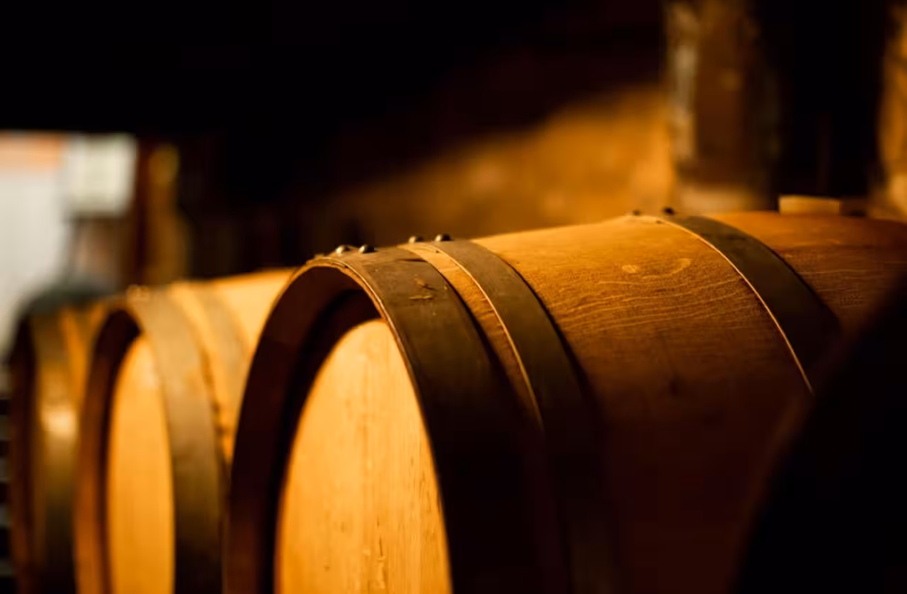 Oak barrels aging Taurasi DOCG Aglianico in a winery cellar, part of the Taurasi light tasting experience