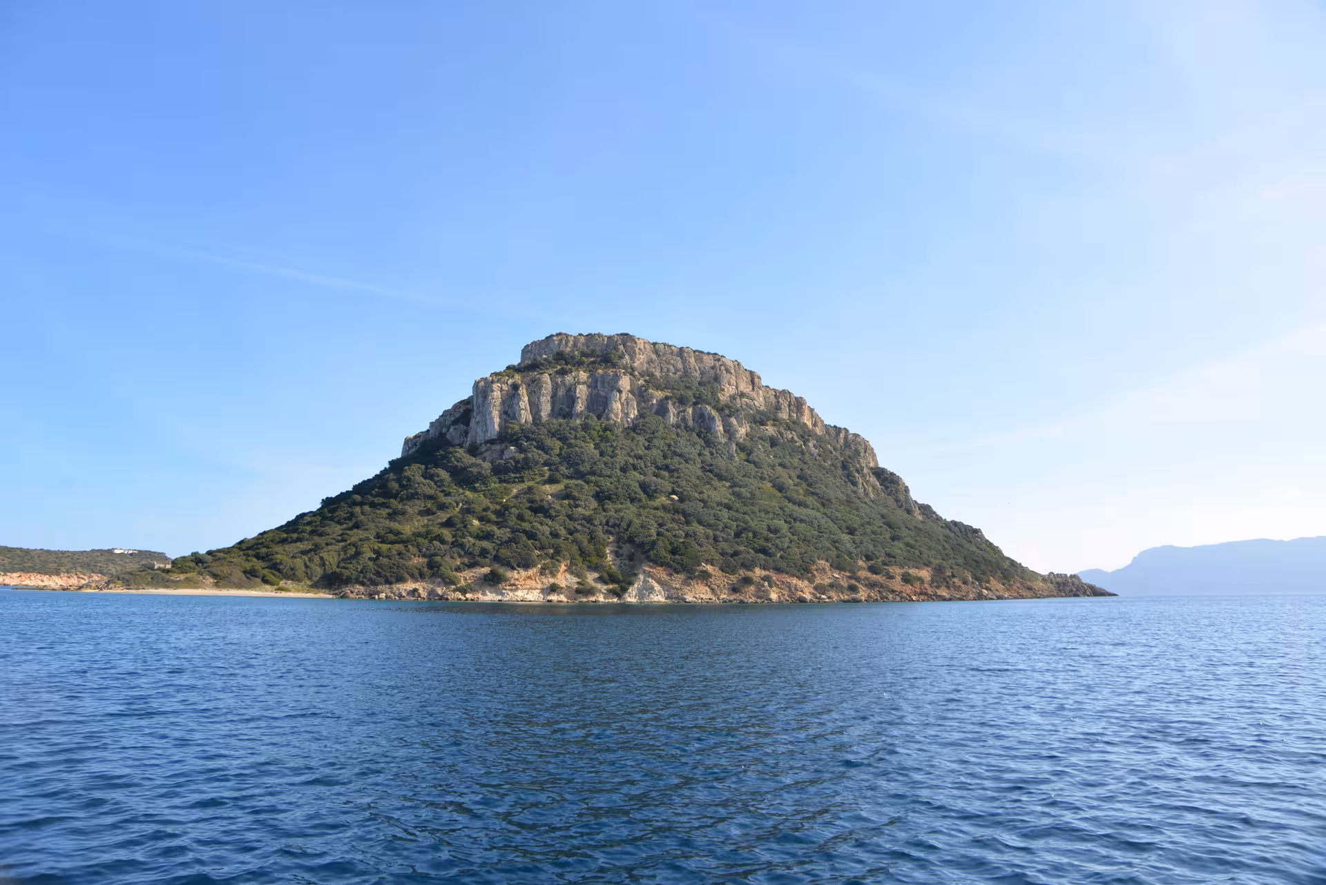 Tavolara Island rises prominently from the sea under a clear sky, a highlight of the Olbia sailing tour.