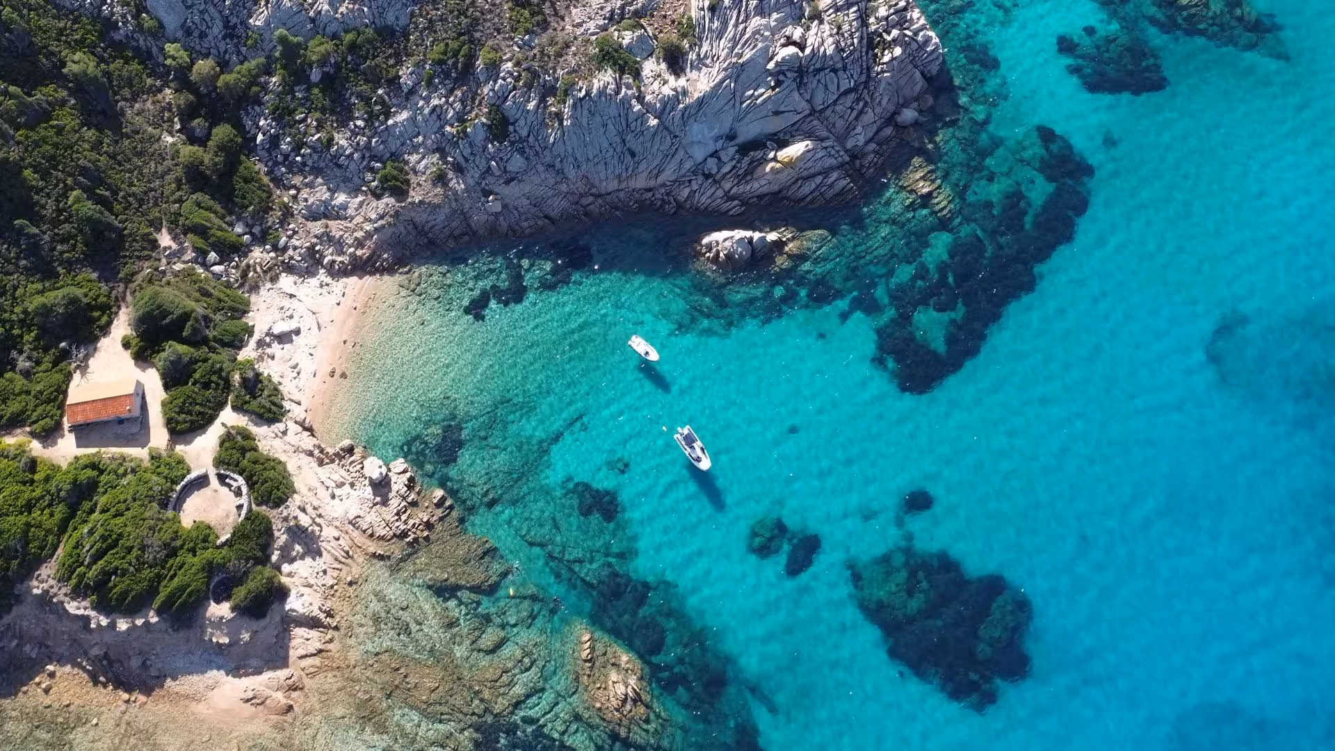 Aerial view of Tavolara's stunning coastline with turquoise waters, rugged cliffs, and boats ready for snorkeling tours.