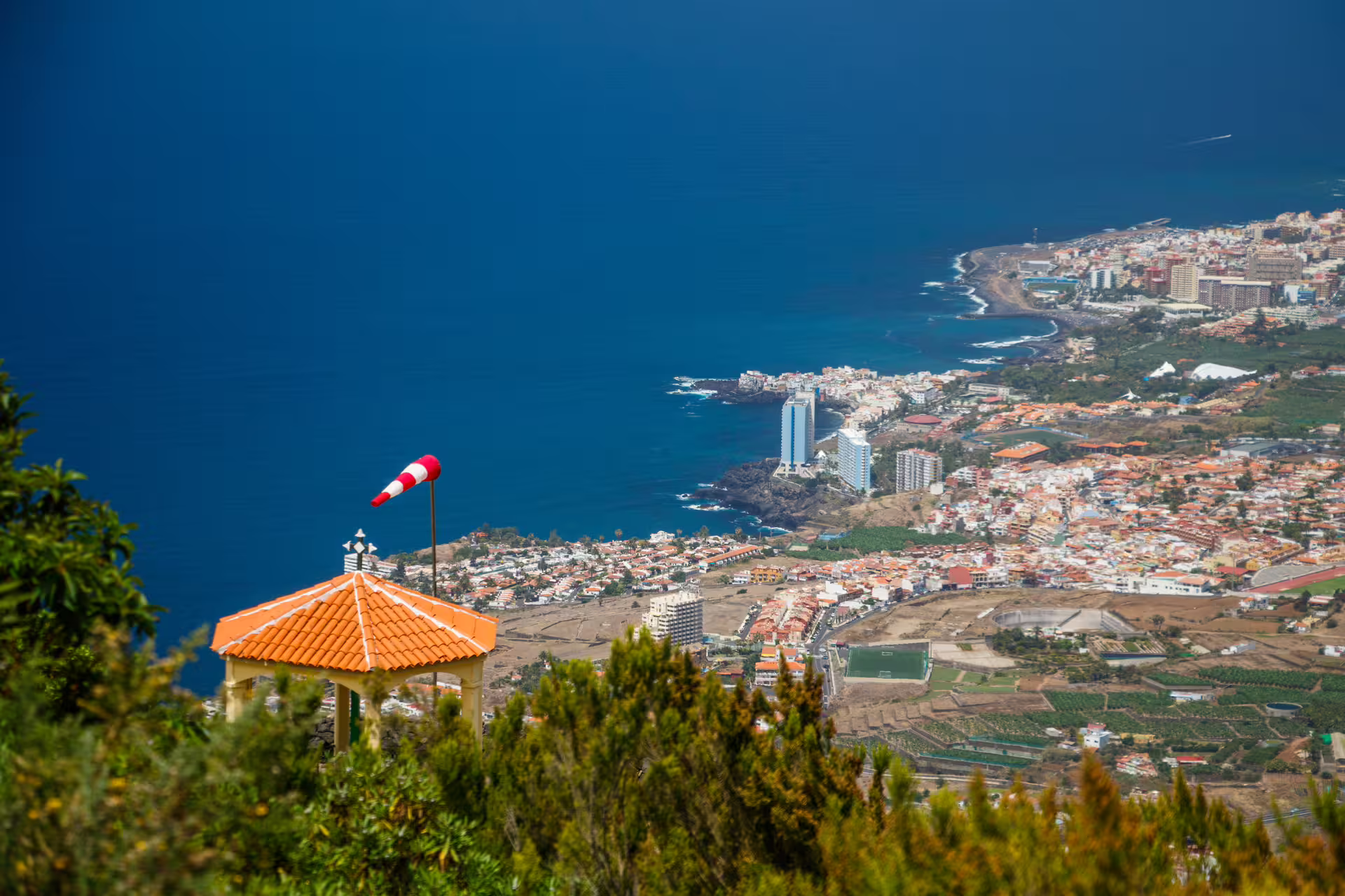 Scenic aerial view of coastal Tenerife with lush greenery and ocean, perfect for A la carta tour exploration.