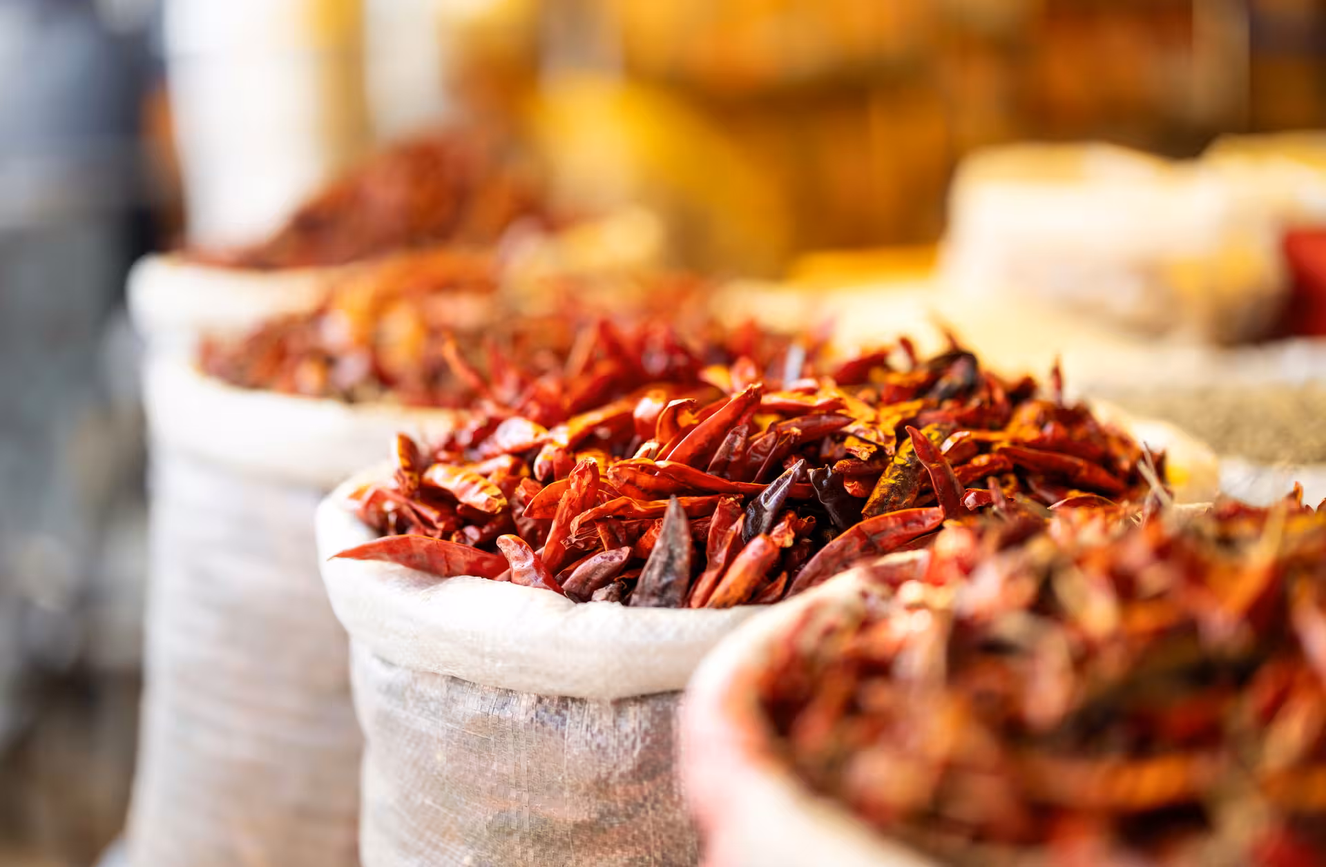 Close-up of vibrant red dried chilies at Tekka Market, Singapore, showcasing the spice exploration on the tour.