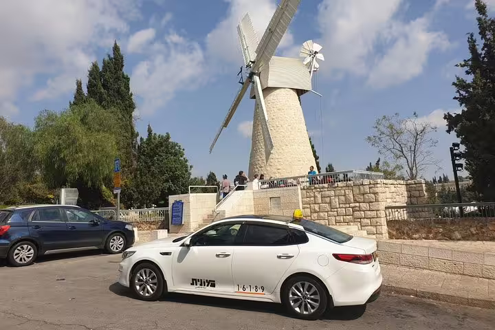 Private day trip from Tel Aviv pickup beside Jerusalem windmill, heading to Nazareth and Sea of Galilee
