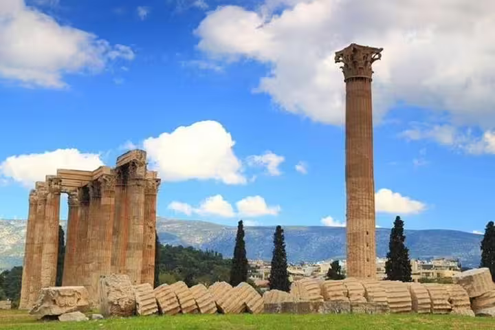 Temple of Apollo columns in Ancient Corinth archaeological site, highlight of a half-day guided tour in Greece