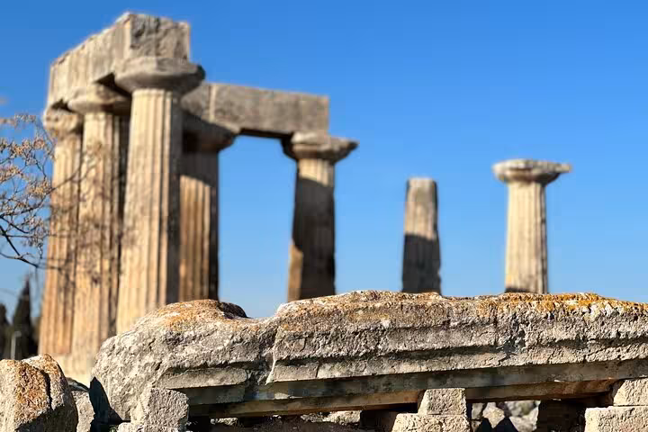 Ancient Corinth Temple of Apollo columns on private Athens and Biblical Corinth full-day tour in Greece