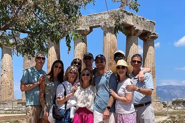 Group photo at Temple of Apollo, Ancient Corinth on St Paul’s footsteps 6-hour Biblical tour Letters to the Corinthians