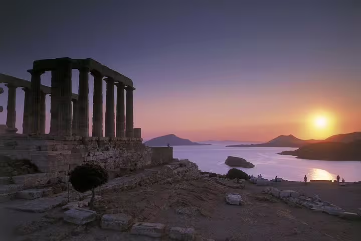Temple of Poseidon at Cape Sounion at sunset, classic highlight of an Athens Riviera private evening tour