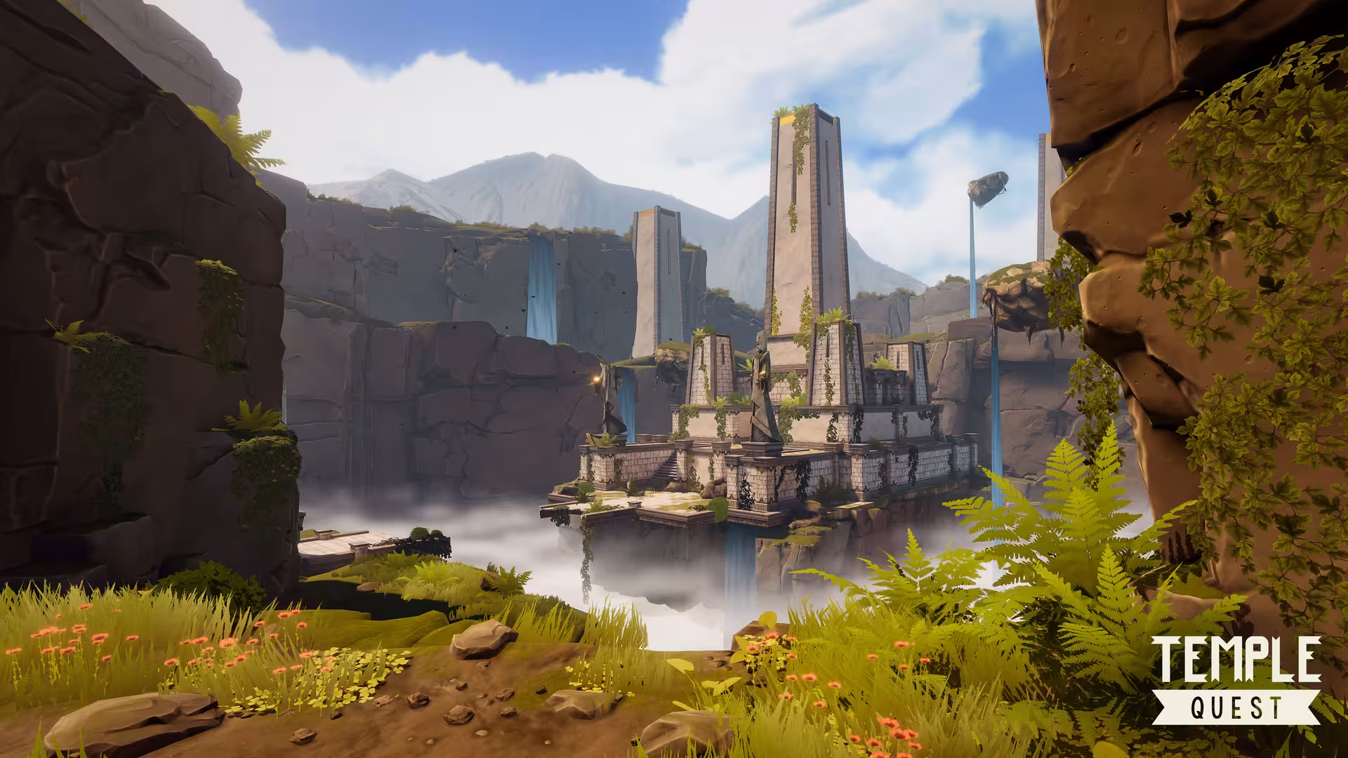 Temple Quest ruins and waterfalls, free roam escape room 30-minute outdoor exploration puzzle adventure