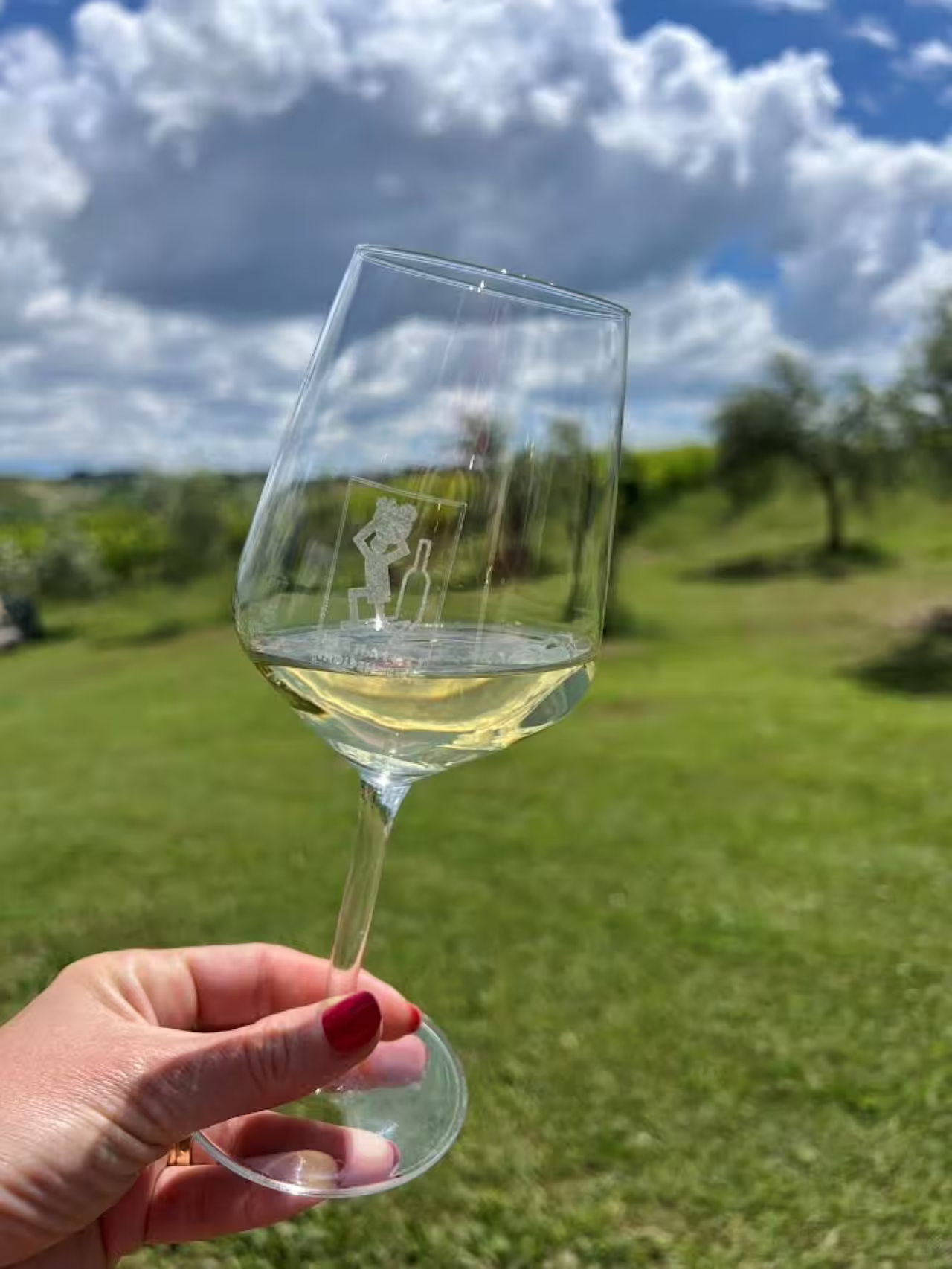 Glass of Tenuta La Viola white wine held in vineyard garden during Discover Italian Wines tasting in Romagna