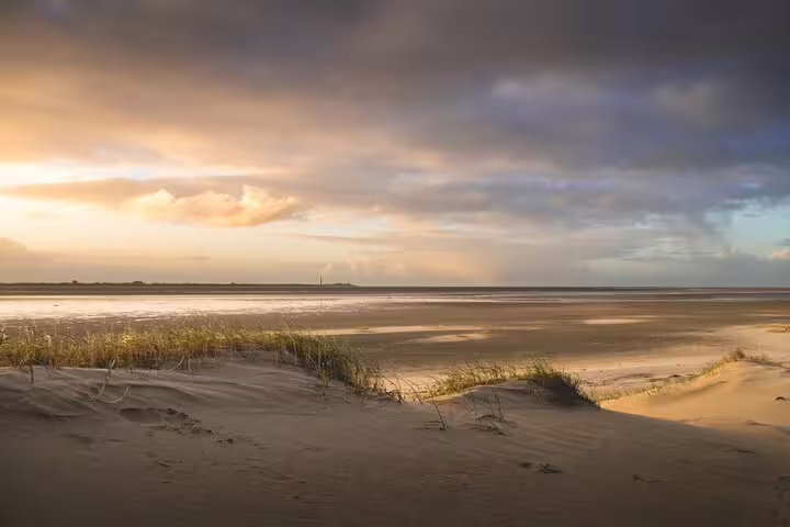 Sunset over Texel beach dunes and tidal flats, scenic stop on a guided Texel day tour in the Netherlands