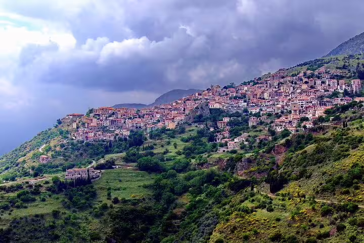 Mountain village views in Central Greece en route on a private Thermopylae Meteora and Delphi full-day tour