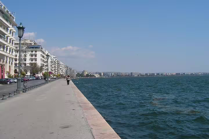 Thessaloniki waterfront walkway and Thermaic Gulf view, pickup point for private transfer to Athens