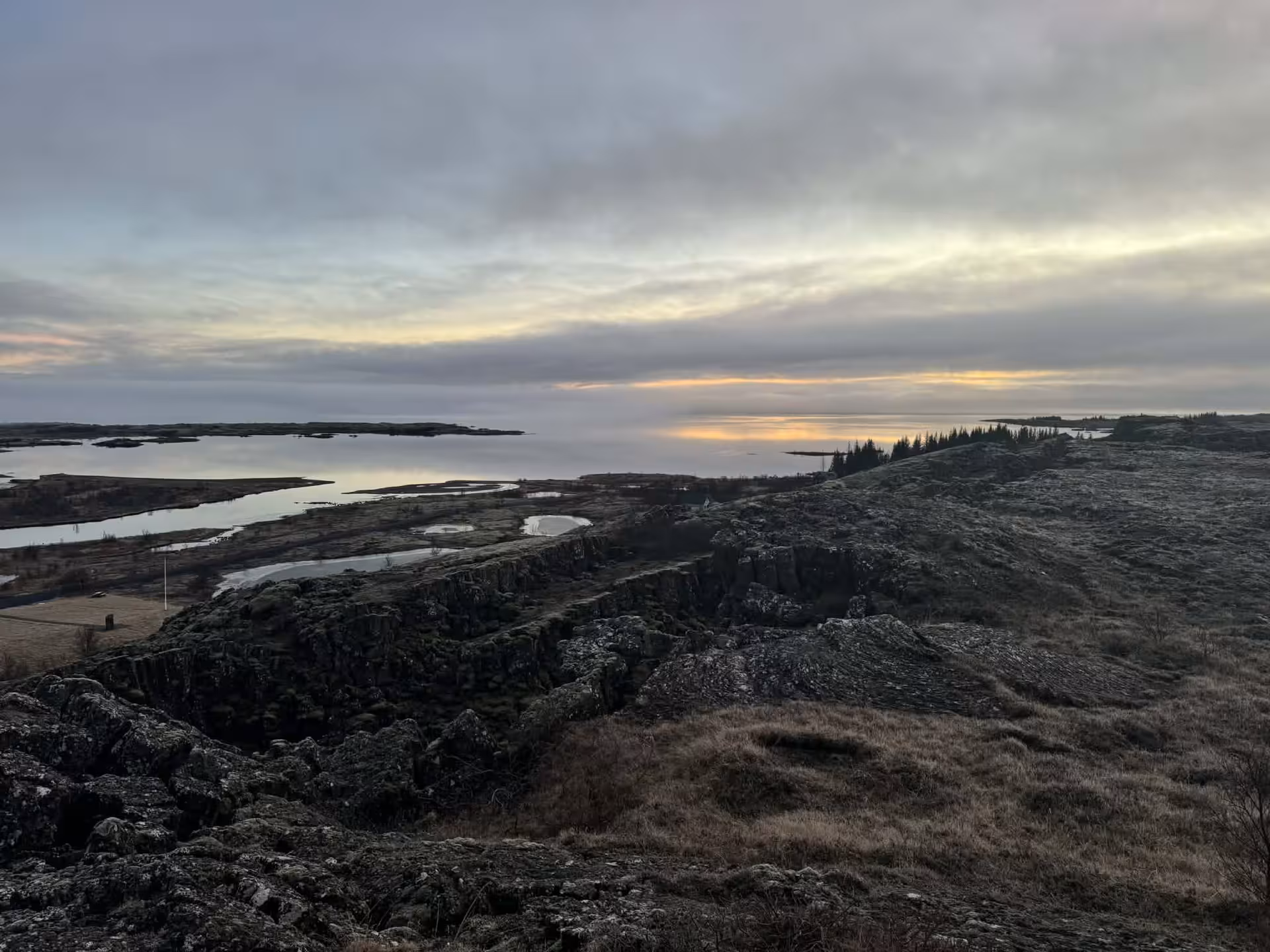 Scenic rift valley view at Thingvellir National Park on Grand Golden Circle tour from Reykjavik at sunset