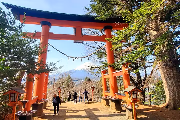Visitors walking through a traditional red torii gate with a scenic view of Mt. Fuji on a guided tour of Tokyo and Hakone.