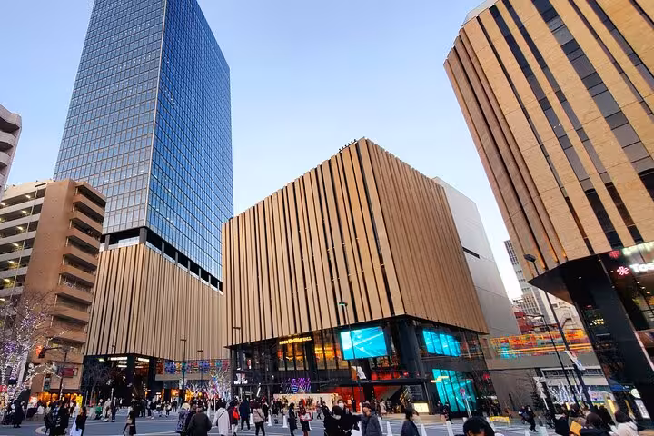 Bustling Tokyo cityscape with modern high-rise buildings and vibrant street life on a customizable private tour.