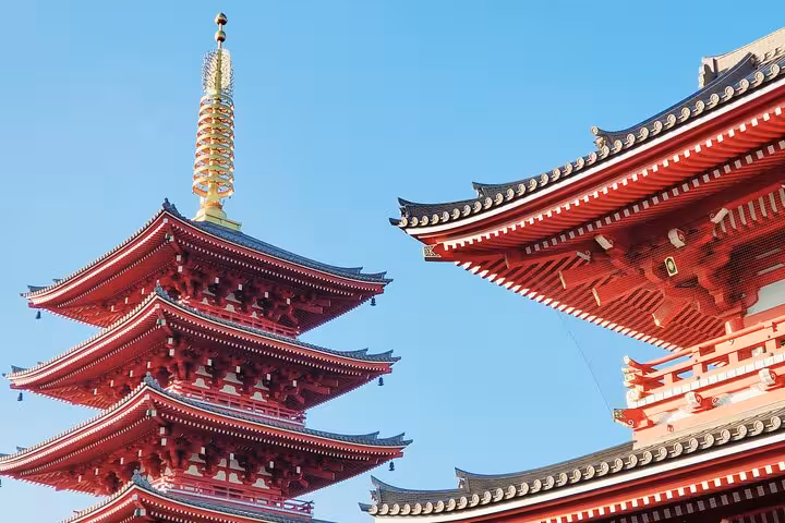 Explore the iconic red pagoda of Senso-ji Temple on a full-day Tokyo customizable private tour with English guide.