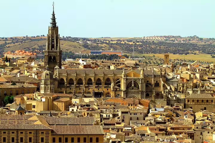 Panoramic view of Toledo Cathedral and old town rooftops on a private day trip from Madrid to Toledo