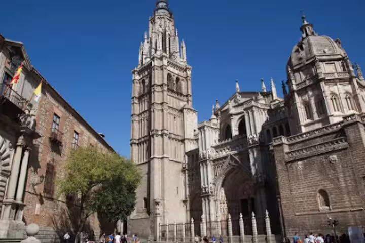 Toledo Cathedral facade and bell tower, highlight stop on a private half-day Toledo minivan tour