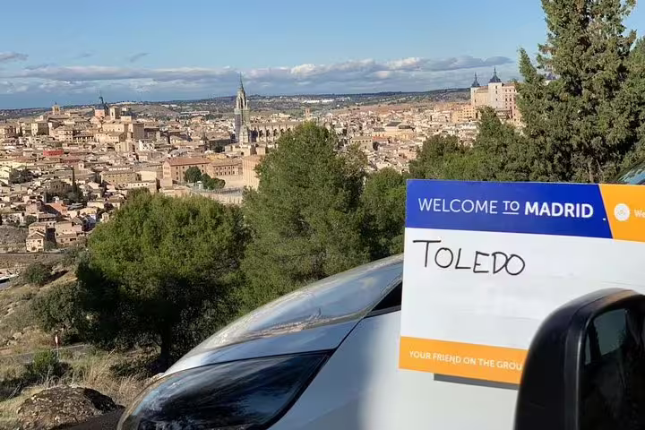 Toledo city panorama from Mirador del Valle on a private day trip from Madrid, with Toledo tour sign