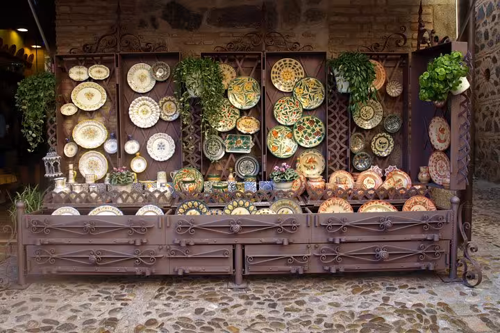 Colorful display of traditional Spanish ceramics in Toledo, ideal for cultural experiences on a day trip.