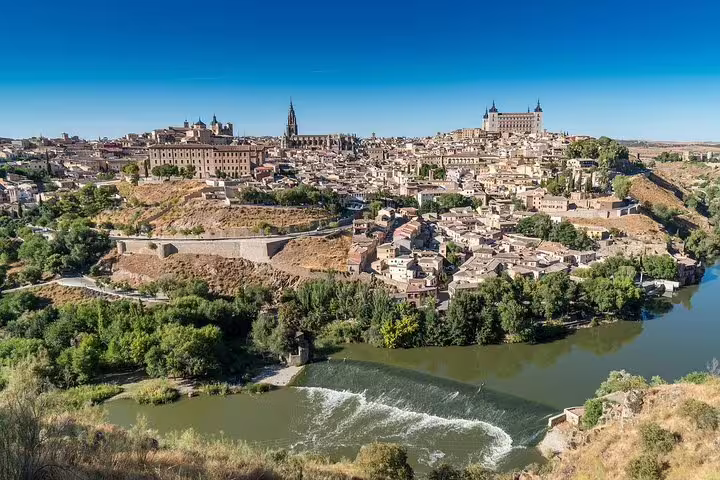 Panoramic Toledo skyline and Tagus River viewpoint, scenic stop on a private day trip from Madrid to Toledo