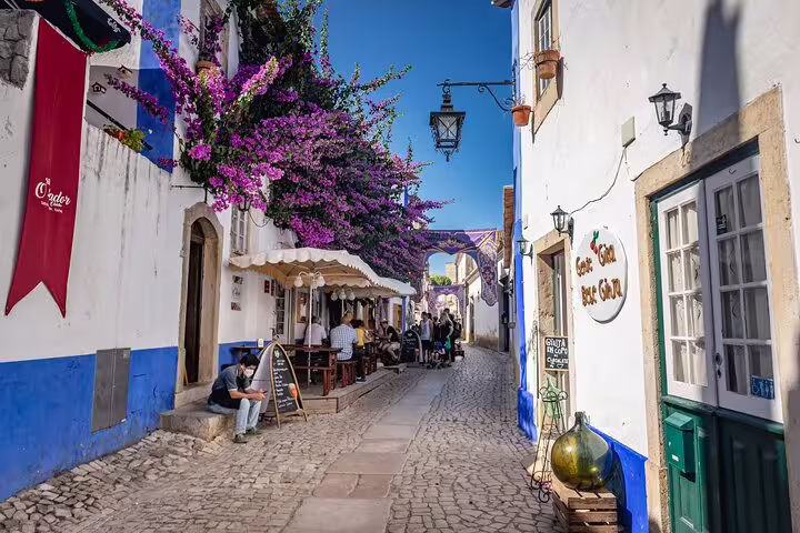Charming cobblestone street in Tomar with vibrant bougainvillea and quaint cafes, perfect for a private day trip from Lisbon.