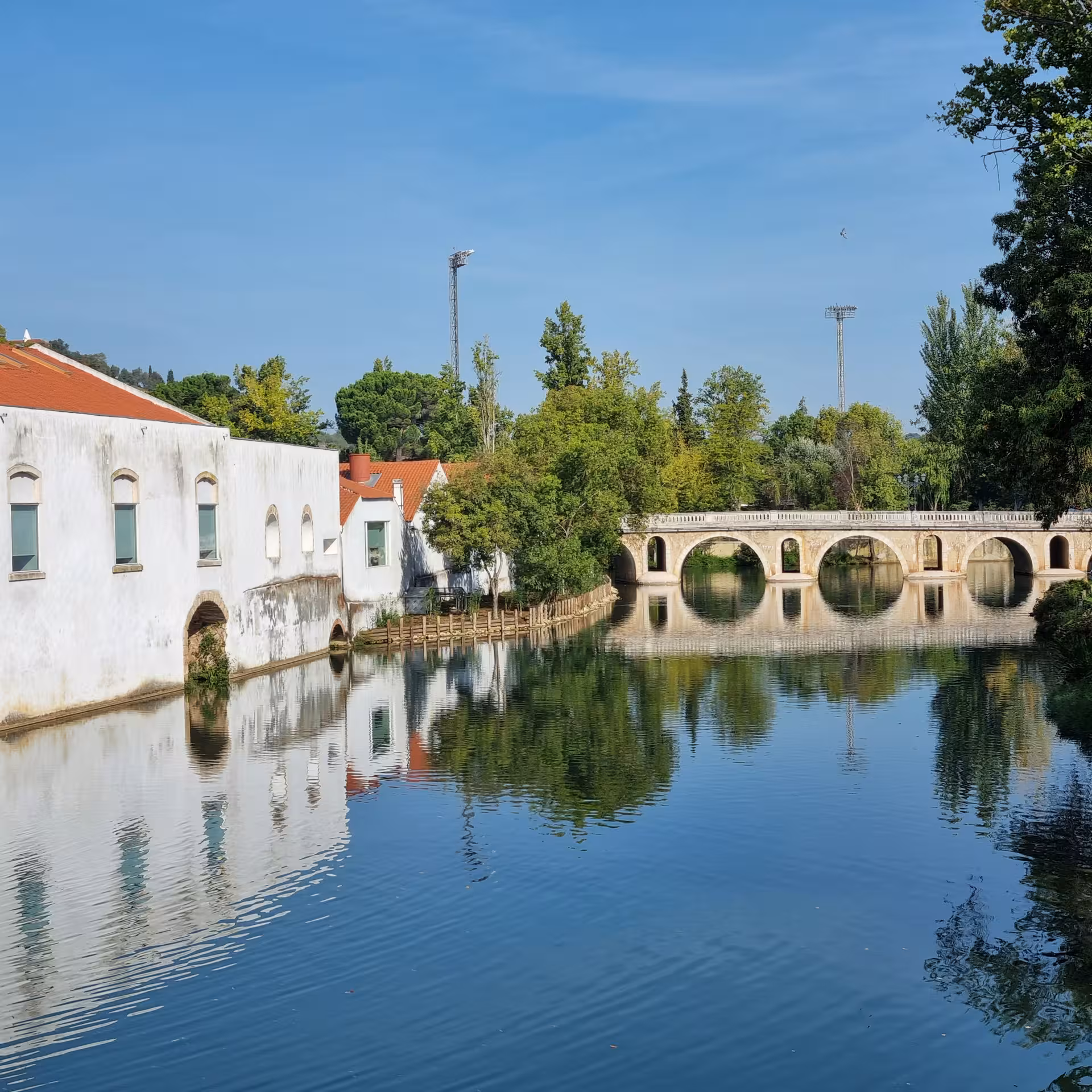 Peaceful river view with an ancient bridge and historic buildings in Tomar, perfect for a picturesque cultural tour.