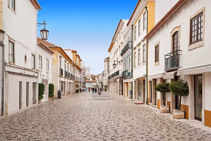 Charming cobblestone street in Tomar lined with historic buildings on a clear day, ideal for a private walking tour.